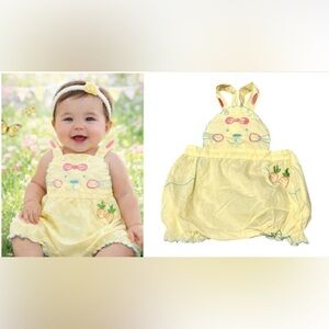 Vintage Baby Easter Bunny Face Romper Yellow Embroidered Carrots Spring 9 months